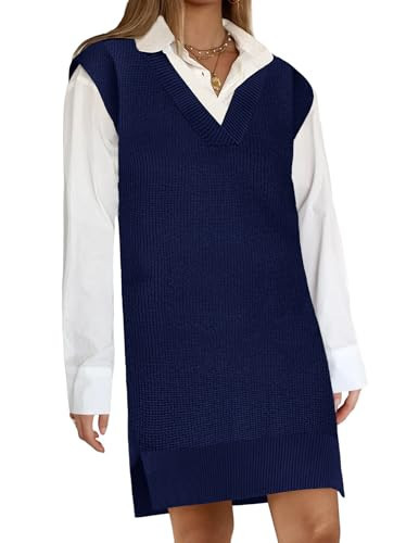 Zeagoo Women's Sleeveless Mini Sweater Vest Dress Side Slit V Neck Oversized Dressy Casual Pullover Knit Short Vest Dresses, Navy Blue Large | Amazon (US)