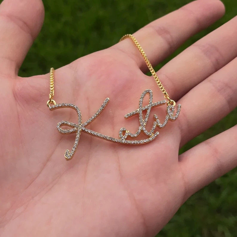 Custom Script Name Necklace, 18K Gold Plated Handwriting Style Box Chain, Cubic Zirconia Pendant | Etsy (Global)
