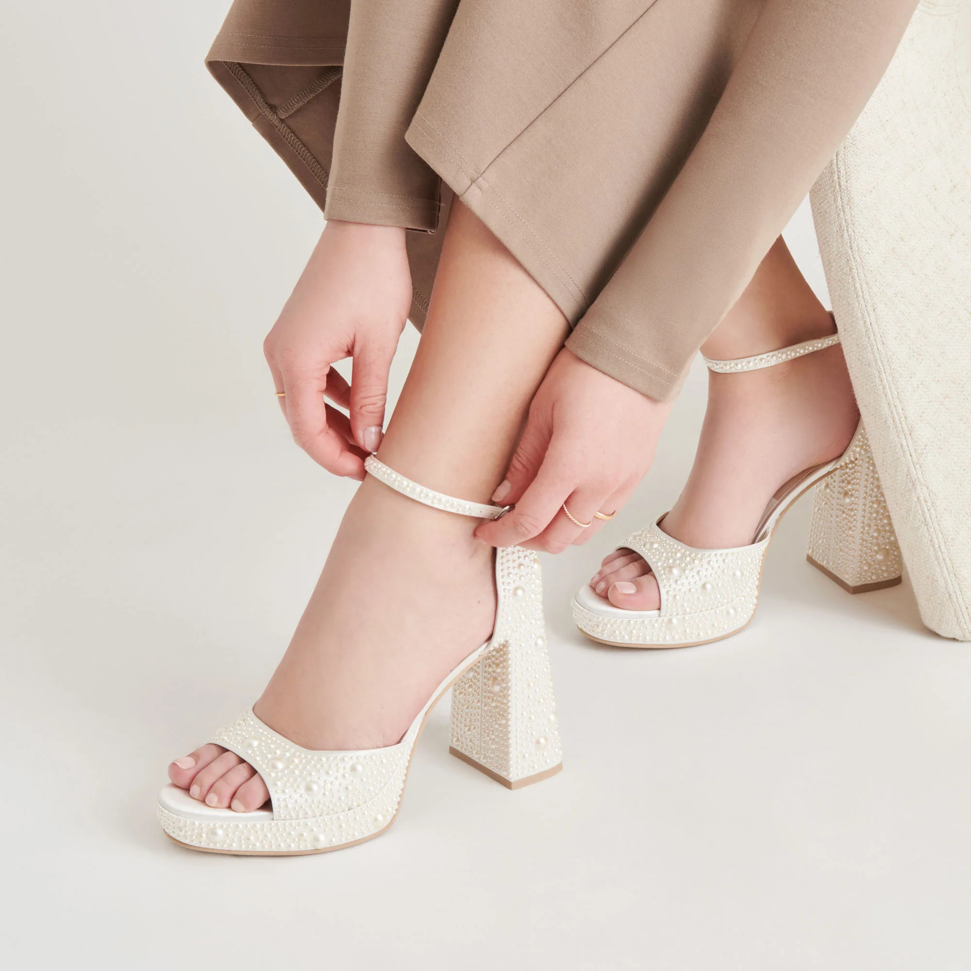 Pandro Pearl Heels True White Satin | DolceVita.com