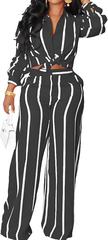 Remelon Women's Casual Two Piece Outfits Striped Long Sleeve Collar Button Down Shirt Blouse High... | Amazon (US)