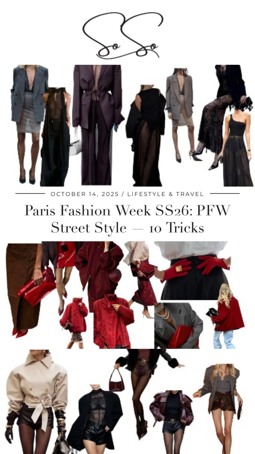 Paris Fashion Week SS26 — 10 Street-Style Tricks. Key moves: oversized tailoring with bare neckline; sheer layers over minis or trousers; red accents (bag, gloves, belt) to sharpen neutrals; micro-shorts with opaque tights; cape or trench-cape for drama; leather set (shorts or skirt) + kitten heels; structured top-handle; grey monochrome; trophy belt at the waist; night-sheer dress with a blazer for daytime.
Read the full guide on my blog: “Paris Fashion Week SS26: PFW Street Style — 10 Tricks.”

Link: 

https://lasosoff.com/pfwstreetstyle

Attached you’ll find my shop sélection to get these looks—tap the product tags to shop.

Paris Fashion Week, PFW street style, oversized blazer, sheer dress, opaque tights, red accessories, leather shorts, cape coat, kitten heels, top-handle bag, grey monochrome, statement belt, French style, fall outfits

#LTKstyle #LTKSeasonal #LTKFinds #ParisFashionWeek #StreetStyle #PFW #SoSostyles #LaSoSoffashion

#LTKfrance #LTKstyletip #LTKautumn