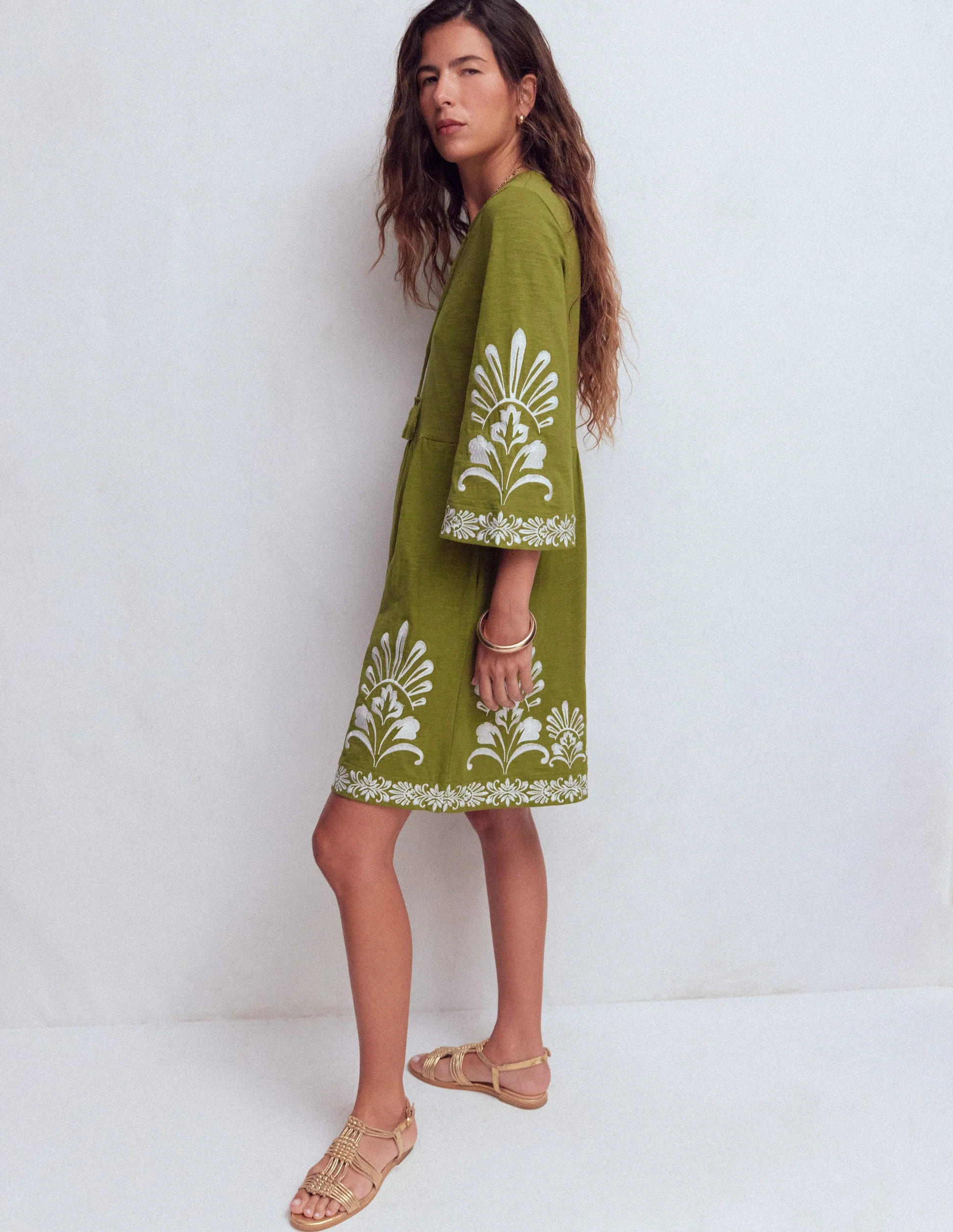 Short Kaftan Jersey Dress-Khaki Embroidered | Boden (US)