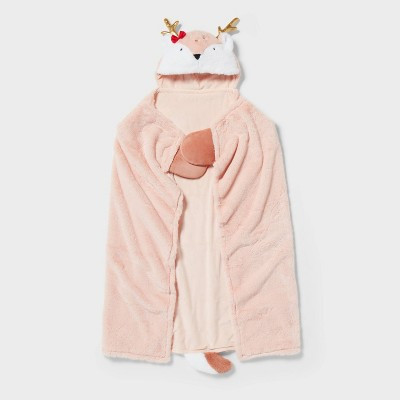 Deer Holiday Kids' Hooded Blanket Pink - Pillowfort™: Faux Fur, Polyester, OEKO-TEX Certified, 40x50 inches | Target