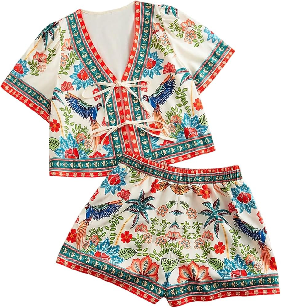 MakeMeChic Women's Tropical Vacation Outfits 2 Piece V Neck Tie Front Crop Tops Micro Shorts Set | Amazon (US)