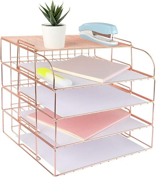 Spacrea Letter Tray, 4 Tier Rose Gold Desk Organizers and Accessories for Women, Stackable Paper ... | Amazon (US)