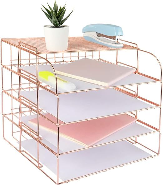 Spacrea Letter Tray, 4 Tier Rose Gold Desk Organizers and Accessories for Women, Stackable Paper ... | Amazon (US)