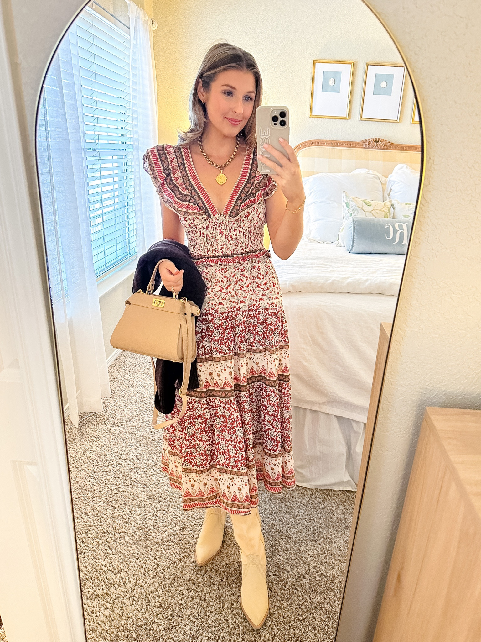 knee length dresses for ladies Sail to Sable Tropical Block Print Flutter Strap Smocked Midi Dress Tropical Block Print / M / F25CAB1