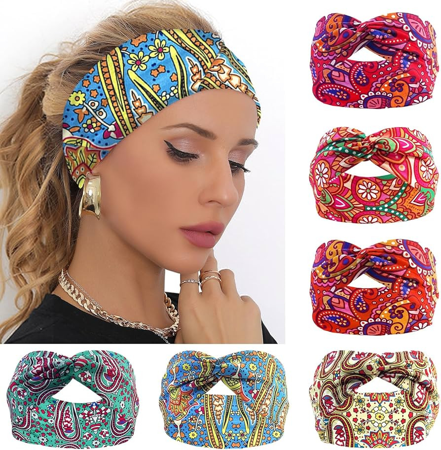 6 Pack Boho Headbands for Women Short Cashew FlowersTwist Knotted Head Bands Elastic Stretchy Hai... | Amazon (US)