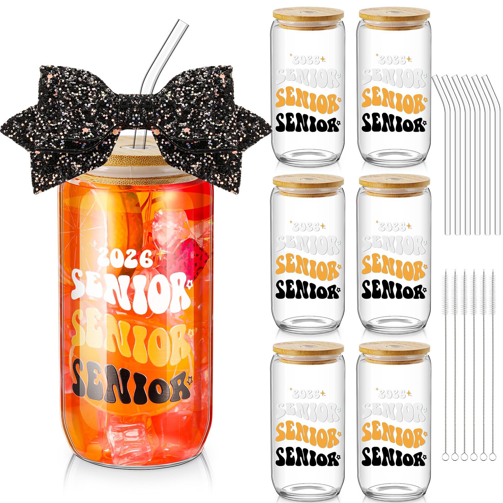 Hushee 6 Set Class of 2026 Senior Night Gifts 16 oz Glass Water Bottle with Lids Straws Glitter B... | Amazon (US)