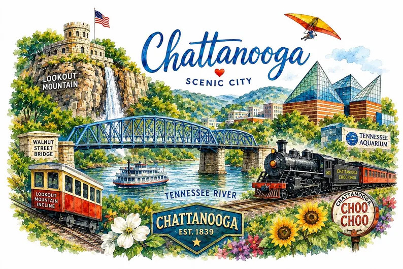 Chattanooga Tennessee Watercolor PNG | Scenic City Travel Sublimation Design | Chattanooga Choo C... | Etsy (Global)