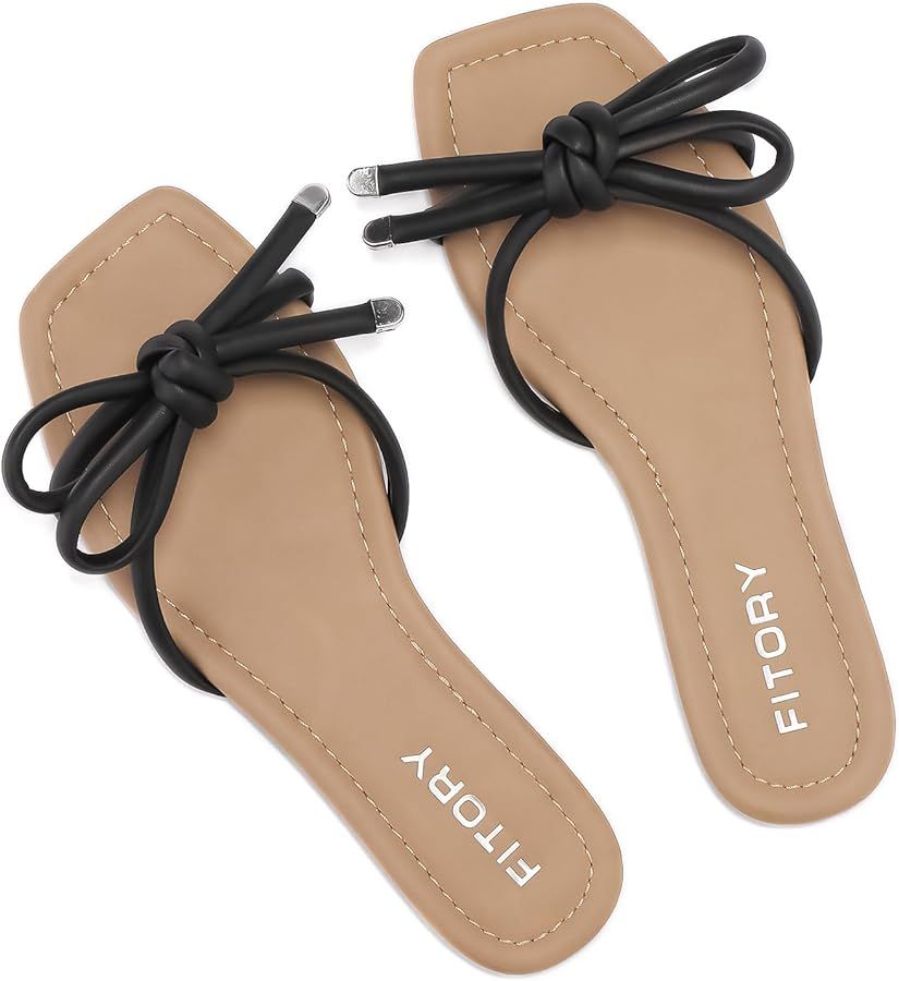 FITORY Women's Flat Sandals Square Open Toe Thong with Cute Knot for Summer Size 6-11 Black | Amazon (US)