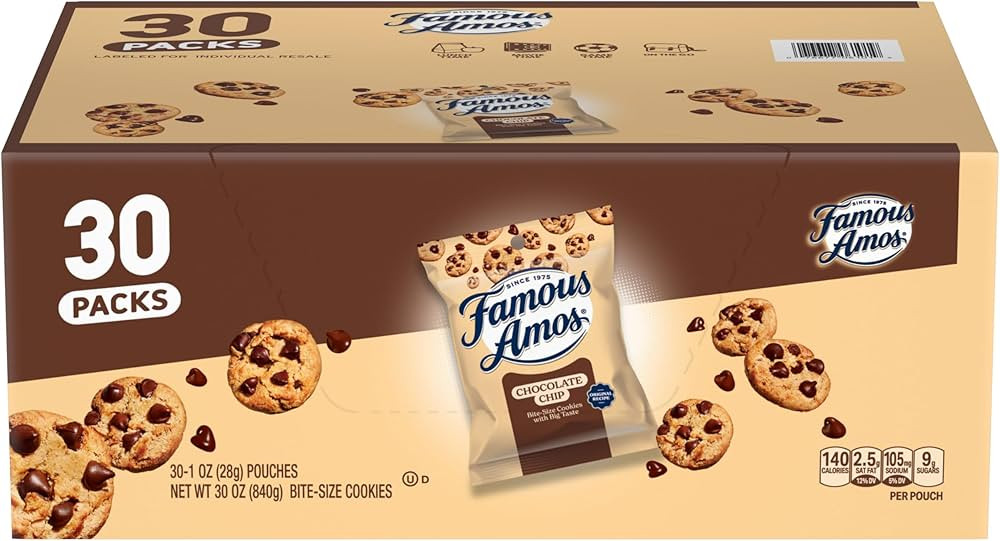 Famous Amos Original Recipe Chocolate Chip Bite-Size Cookies, 30 Pack Box, 30 oz | Amazon (US)