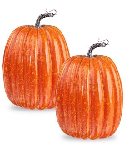 vensovo 2PCS 8 Inch Orange Plastic Pumpkins for Decorating - Large Artificial Foam Pumpkins for Fall Decor, Halloween, Thanksgiving, Paintable for DIY Crafts & Centerpieces | Amazon (US)