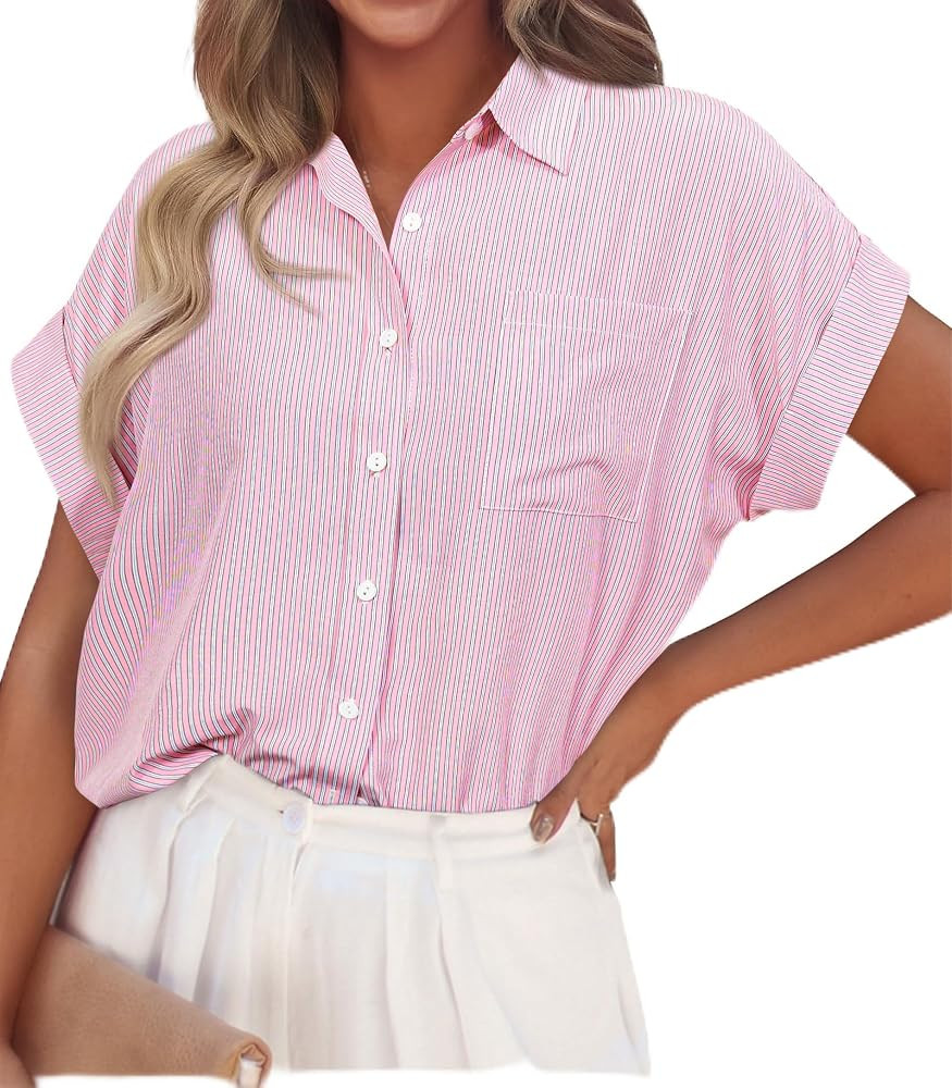 PRETTYGARDEN Striped Shirts Button Up Tops for Women 2024 Summer Short Sleeve V Neck Dressy Casua... | Amazon (US)