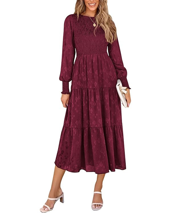 PRETTYGARDEN Women's Fall Midi Dress Long Sleeve Floral Smocked Elegant Wedding Guest Long Flowy ... | Amazon (US)