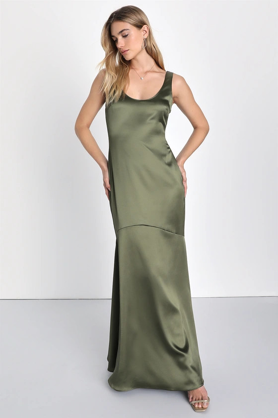 Olive Green Satin Mermaid Maxi Dress | Olive Green Dress | Sage Green Dress | Lulus (US)