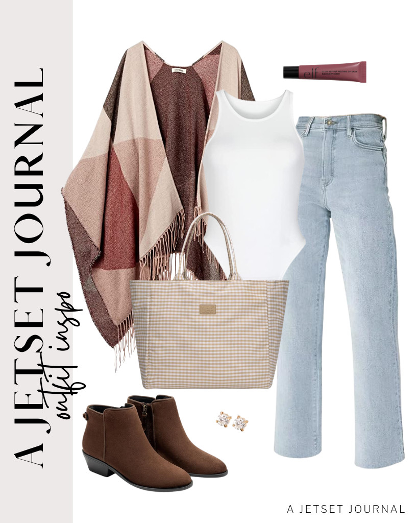 This cute open-front poncho cape is an awesome way to layer on top of a simple halter-neck bodysuit and KDF straight-leg jeans. This outfit is perfect with a Montana West tote bag and Coutgo ankle boots. Wear these BBTO stud earrings, too! 

 #LTKSeasonal #LTKSaleAlert #LTKTravel