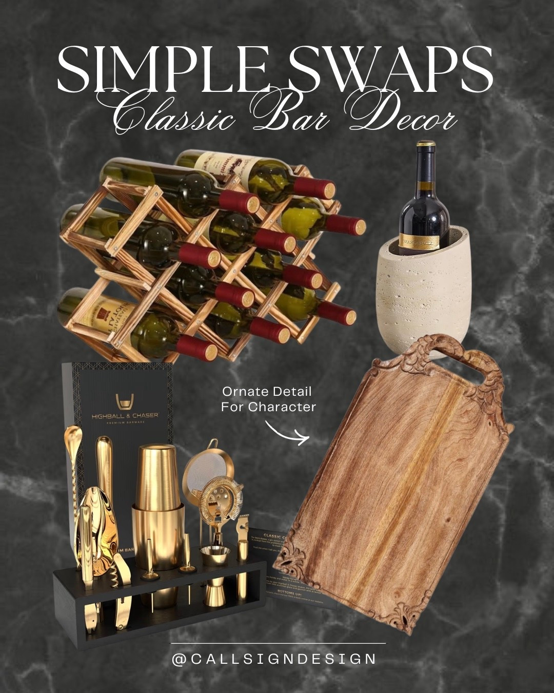 Wine bar essentials that feel both classic and elevated. A timeless wine rack, an ornate charcuterie board, and thoughtfully chosen details come together to create a setup that’s perfect for slow pours and easy entertaining. 🍷✨ 

#WineBar #EntertainingAtHome #CharcuterieBoard #TimelessStyle #HomeBar #HomeDecor #DesignDetails #callsigndesign