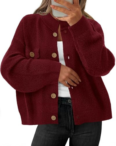 KIRUNDO Cardigans for Women Trendy Button Up Sweater Jackets Mock Neck Long Sleeve Loose Fit Chunky Knit Outwear Coats(Burgundy, Large) | Amazon (US)