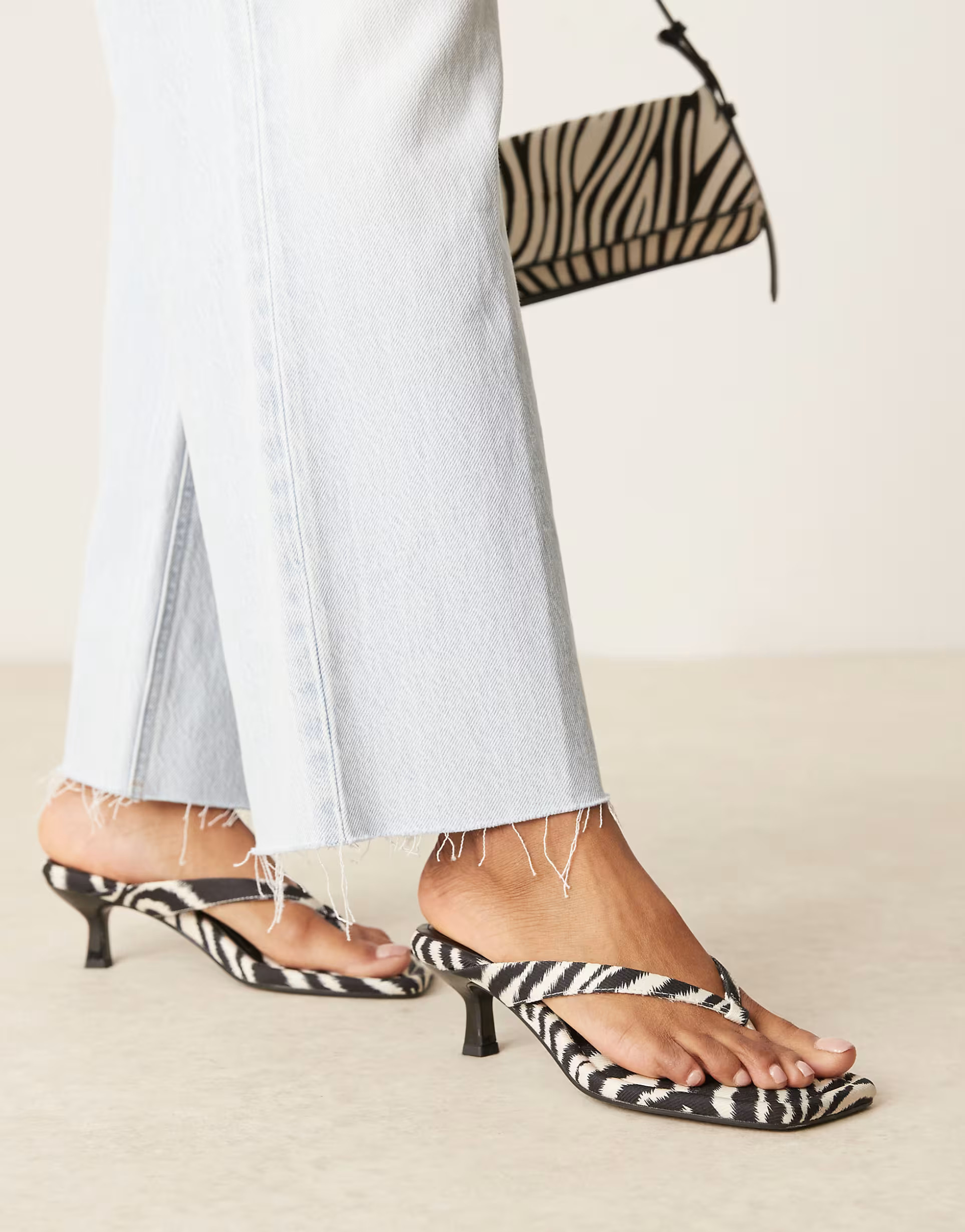 ASOS DESIGN Hawaii toe thong kitten heeled sandals in zebra print | ASOS | ASOS (Global)