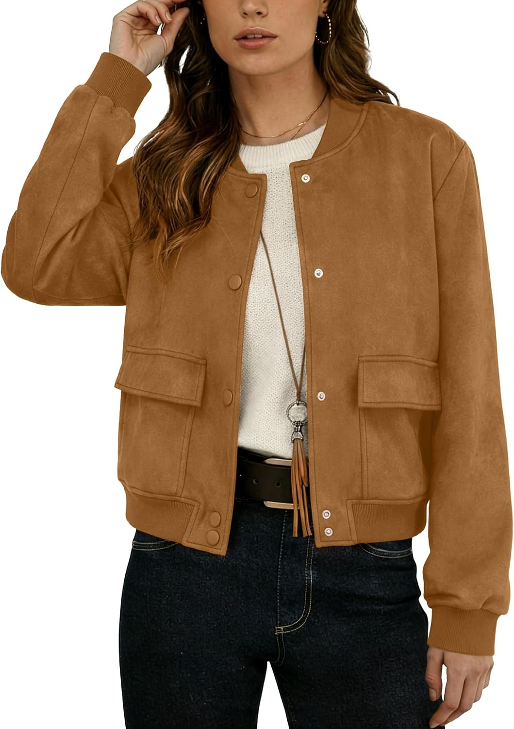GRECERELLE Womens Faux Suede Leather Bomber Jacket Cropped Button Down Long Sleeve Casual Varsity Baseball With Pockets | Amazon (US)