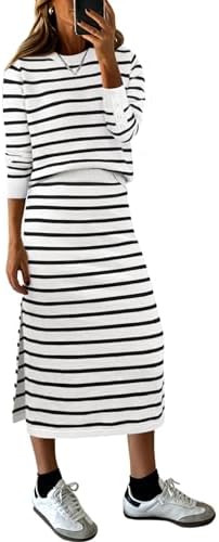 ANRABESS Women 2 Piece Striped Sweater Skirt Set | Amazon (US)