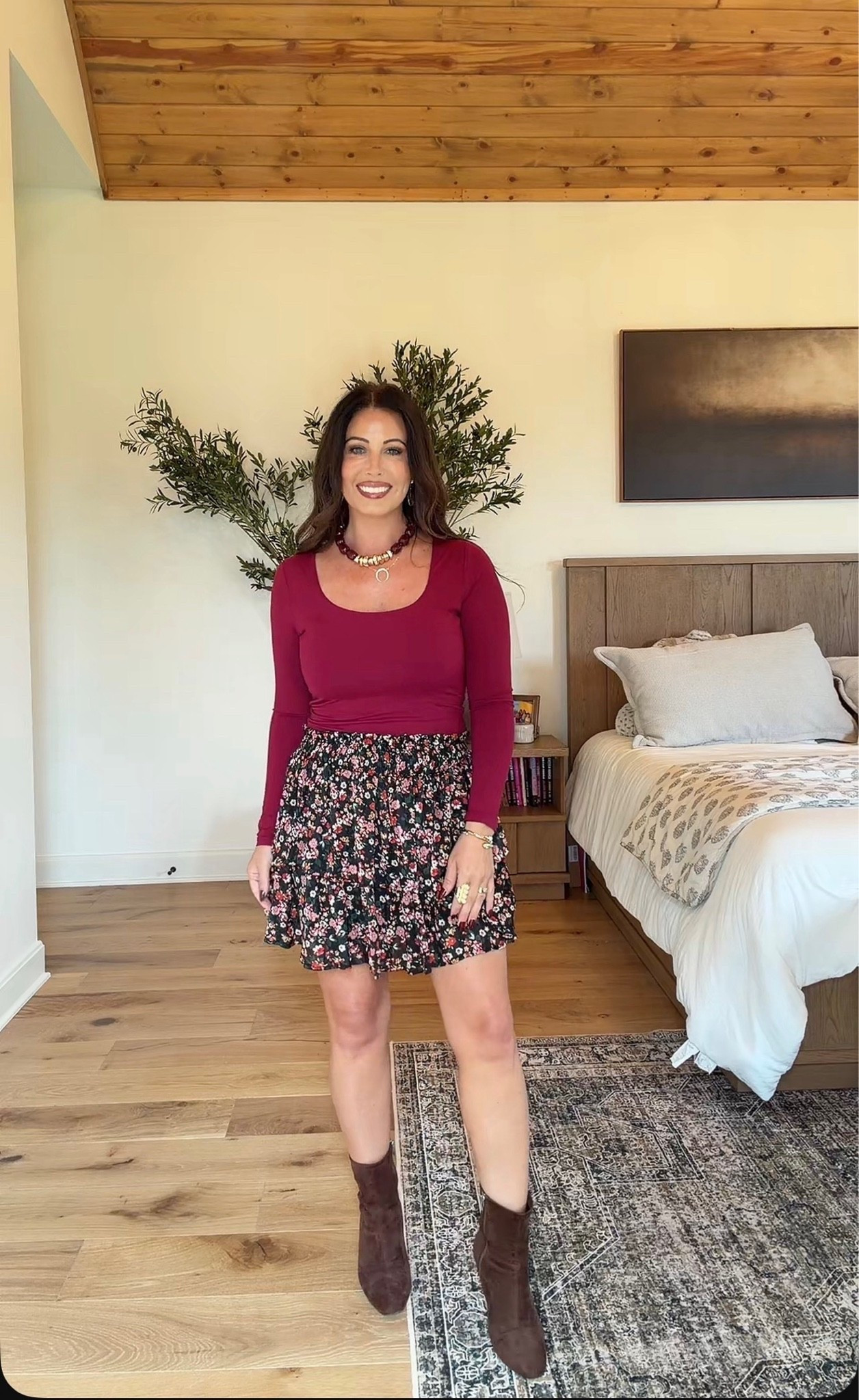 This look is SCREAMING FALL! 🍂🤎 The floral skirt, rich burgundy top and oversized cozy cardigan are such a cute combination. Add ankle boots and you have the sweetest fall outfit!
#FallStyle #FallOutfit #CozyStyle #CardiganSeason #LTKStyle #MomStyle #FallFashion