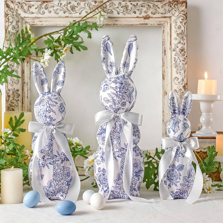 3 Pcs Easter Bunny Decorations Chinoiserie Blue and White Floral Rabbit Figurines 15.5/13/10 Inch... | Amazon (US)