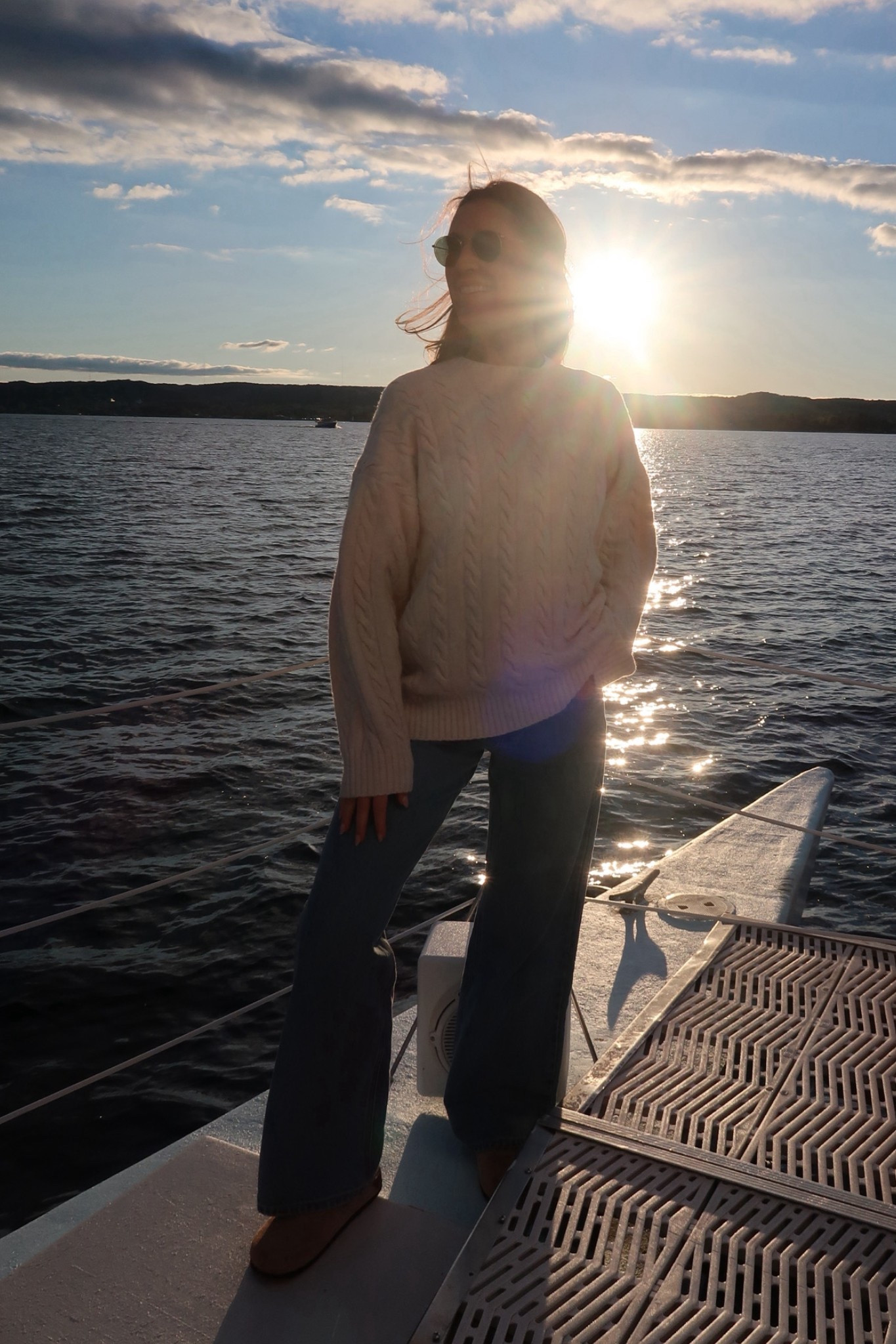 Boat outfit. I’ve worn this sweater countless times. It’s the perfect lived in boyfriend sweater. I sized up to a small and down in the jeans 