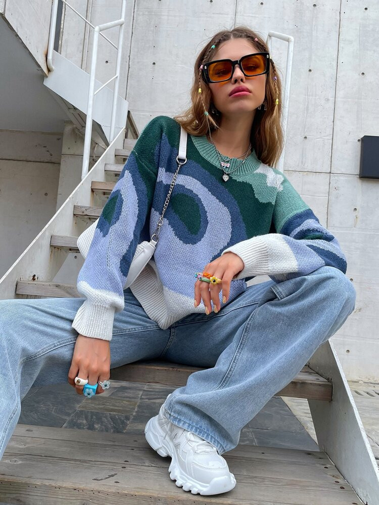 Color Block Drop Shoulder Sweater | SHEIN