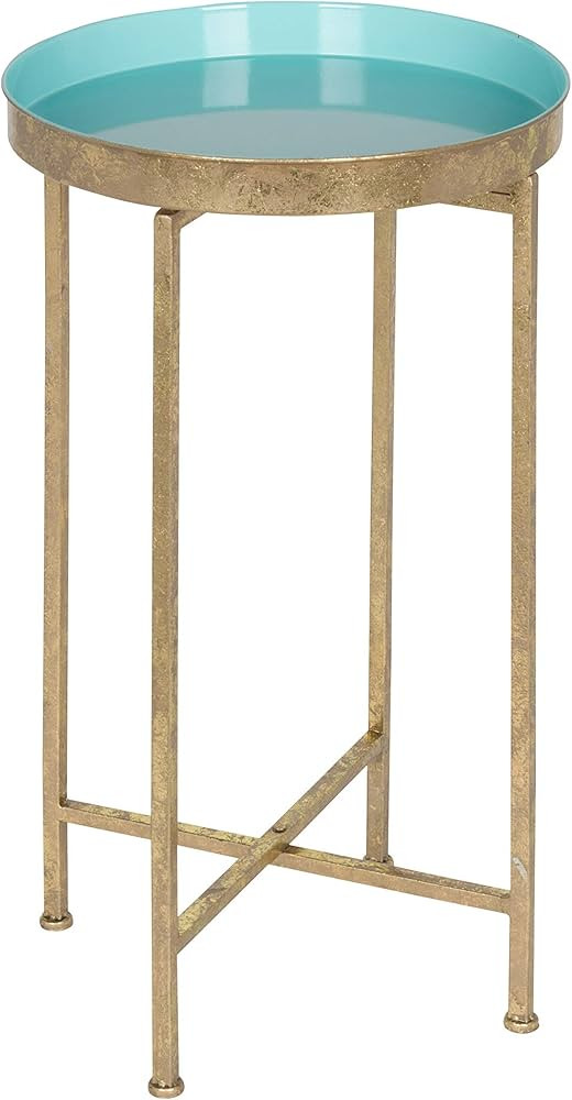 Kate and Laurel Celia Round Foldable Tray Accent Table, 14" x 14" x 25.75", Light Teal and Gold, ... | Amazon (US)