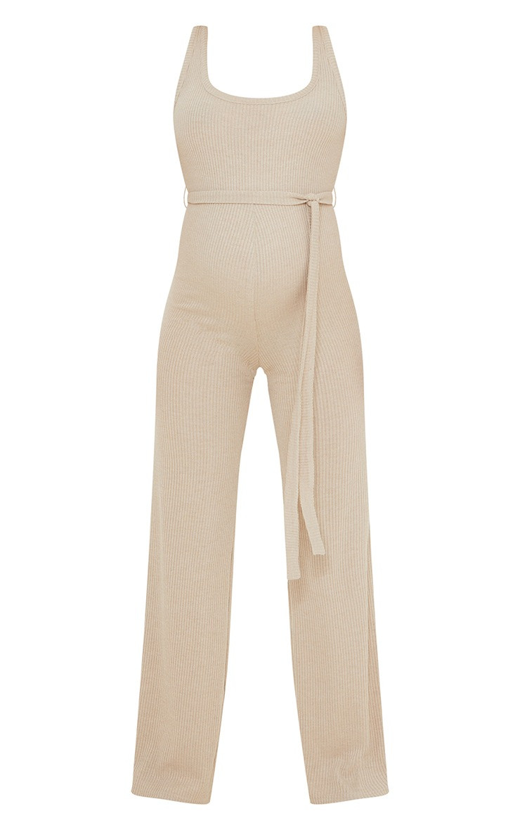 Maternity Oatmeal Ribbed Tie Waist Jumpsuit | PrettyLittleThing US