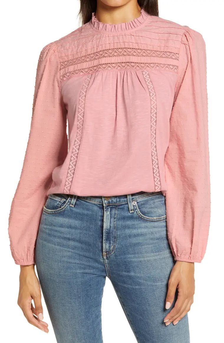 Pintuck Lace Detail Long Sleeve Cotton Blouse | Nordstrom