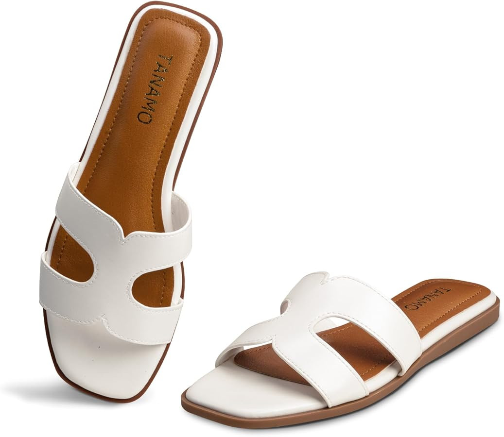 Womens's Sandals Girls Slides Sandals Women Dressy Summer Flat Sandals Square Open Toe Casual Bea... | Amazon (US)