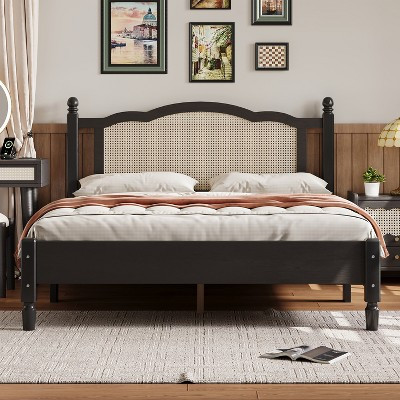 TIRAMISUBEST Queen Size Wooden Platform Bed with Natural Rattan Headboard, Vintage Bed Frame with Wooden Slats Support for Bedroom | Target