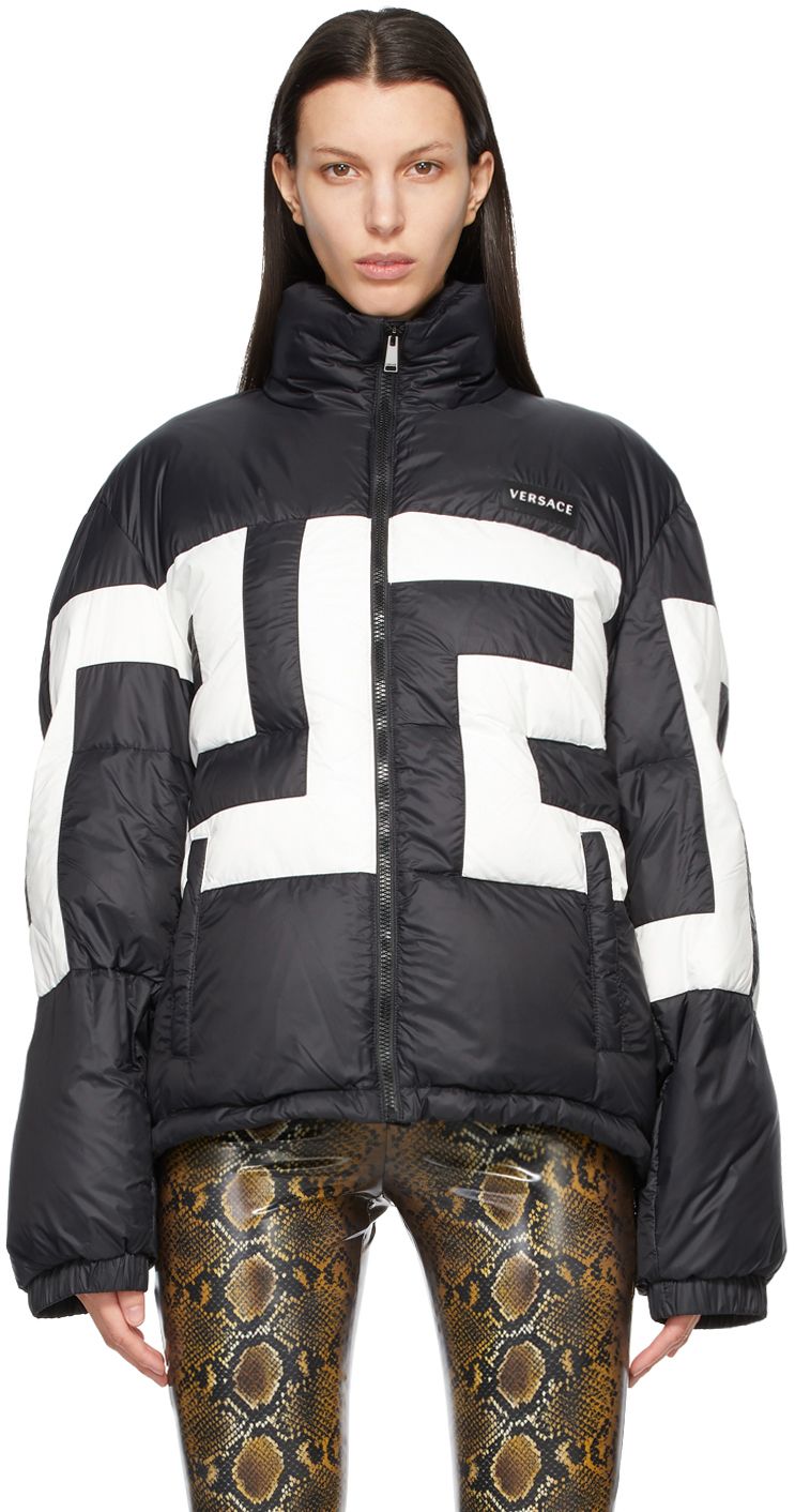 Black Down Hooded Greca Puffer Jacket | SSENSE