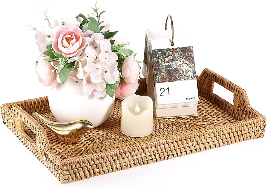 Hipiwe Rattan Serving Tray with Handles - Hand-Woven Decorative Tray for Storage Breakfast, Drink... | Amazon (US)