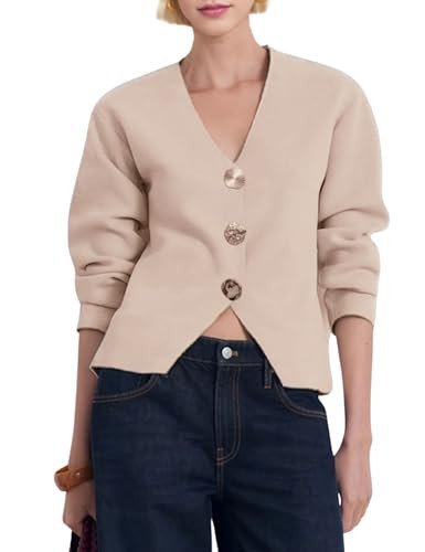 Daacee Cardigan Sweaters for Women V Neck Long Sleeve Gold Button Down Knit Cardigans Tops Outwear(0770-Khaki-M) | Amazon (US)