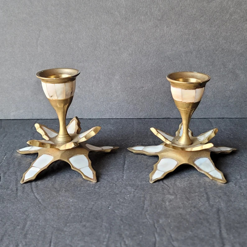 Vintage Brass and Mother of Pearl Taper Candlesticks Candle Holders Set of 2 | Etsy (US)