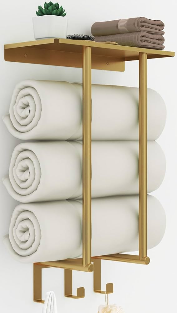Towel Rack with Metal Shelf and 3 Hooks, Bethom Towel Racks for Bathroom Wall Mounted, Metal Gold... | Amazon (US)