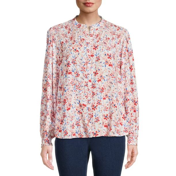 Time and Tru Women's Smocked Button Front Top - Walmart.com | Walmart (US)