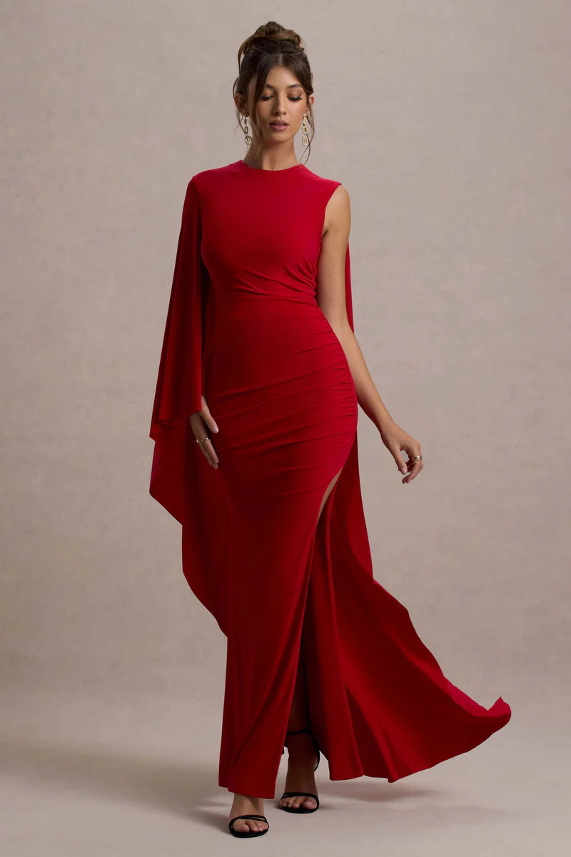 Yuna  Red Draped Maxi Dress With Cape | Club L London
