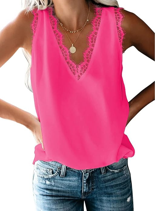 BLENCOT Women Lace Trim Tank Tops Summer V Neck Fashion Shirts | Amazon (US)