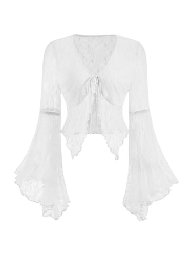 Verdusa Women's Lace Tops Tie Front Bell Long Sleeve Sheer Blouse Crop Tops | Amazon (US)