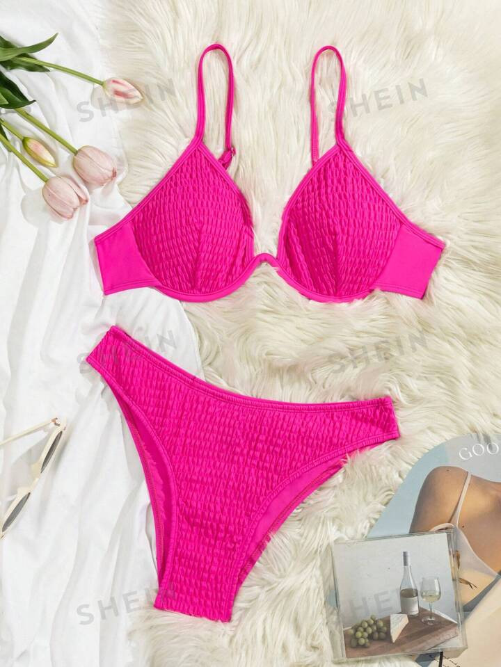 Women'S Solid Color Swimwear Set With Steel Ring | SHEIN