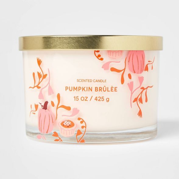 15oz Lidded Glass Jar Cream Pumpkin Print 3-Wick Pumpkin Brulee Candle - Opalhouse™ | Target