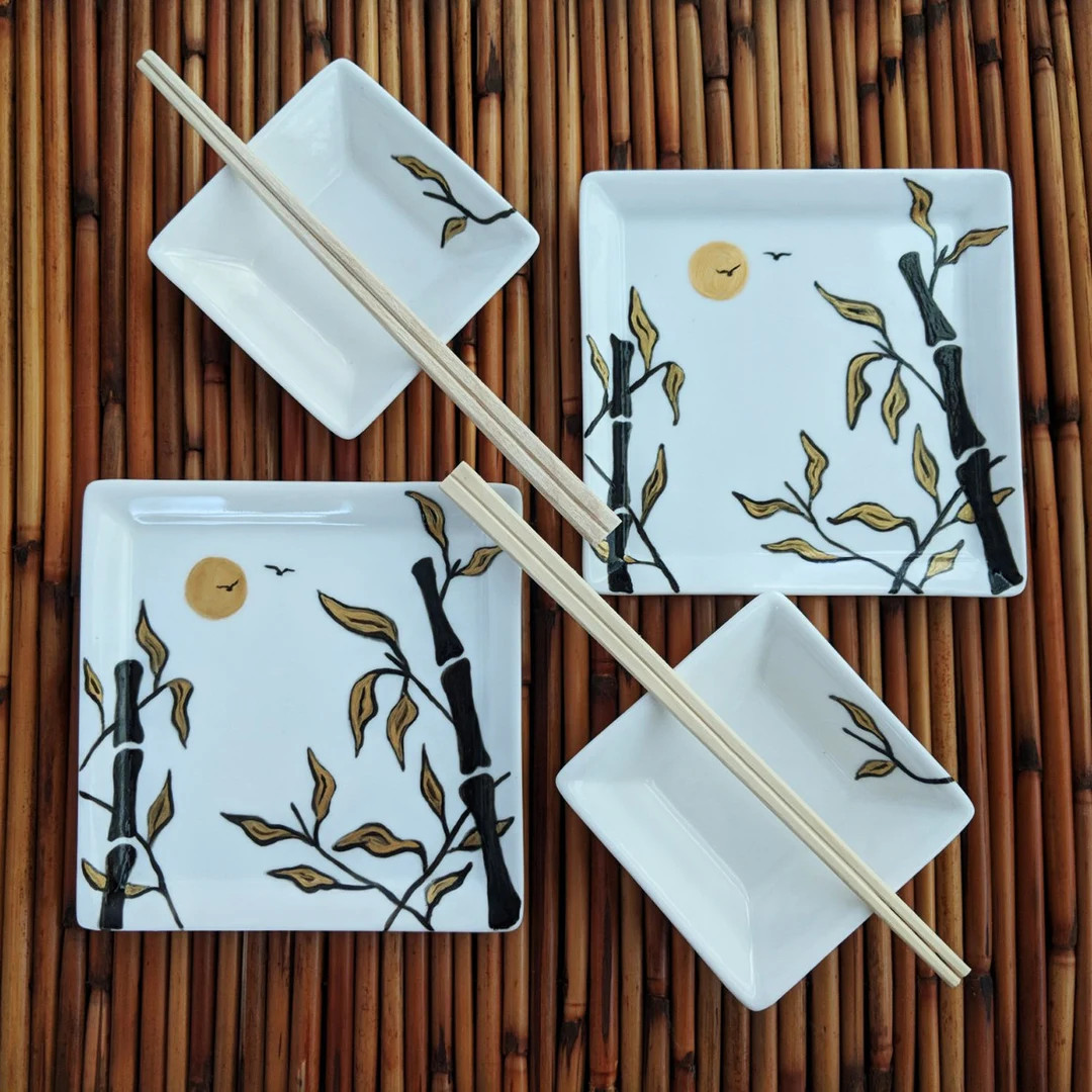 Sushi Plate Ramekin Set for 2 Hand Painted Gold and Black Bamboo Design on Porcelain Plates Uniqu... | Etsy (US)