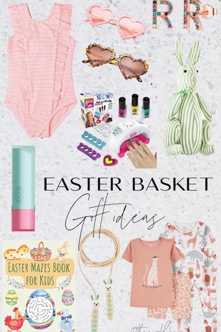 Little girls Easter basket ideas!🎀🐰🩵 easter basket ideas from Walmart, Target & Amazon! Last minute Easter basket filler ideas for little girls 💗

Watermelon lip balm, rhinestone initial stud earrings, striped bunny, manicure set, sunglasses, pajamas, swimsuit, and more! 

#LTKkids #LTKfamily #LTKfindsunder50