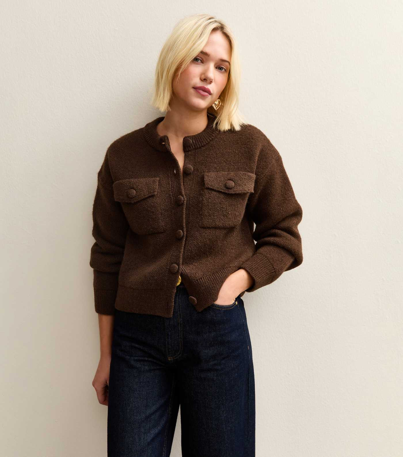 Dark Brown Flap Pocket Knitted Bomber | New Look | New Look (UK)