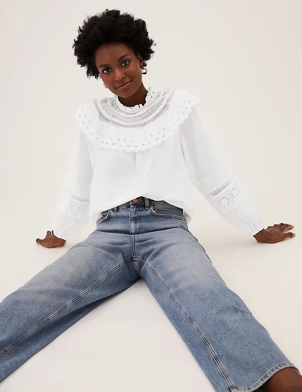 Pure Cotton Frill Neck Long Sleeve Top | M&S Collection | M&S | Marks & Spencer (UK)